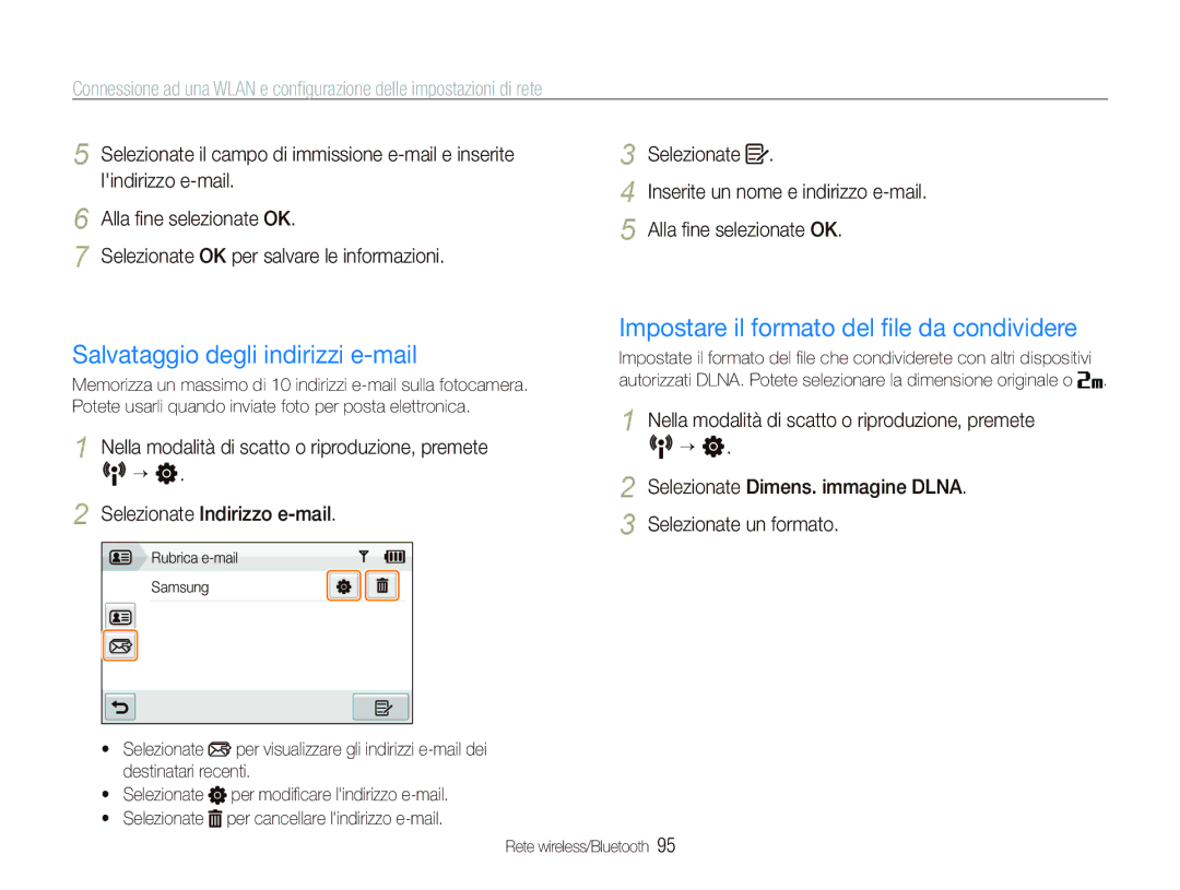 Samsung EC-ST1000BPBIT, EC-ST1000BPGIT Salvataggio degli indirizzi e-mail, Impostare il formato del ﬁle da condividere 