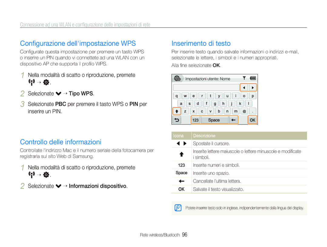 Samsung EC-ST1000BPGIT manual Conﬁgurazione dellimpostazione WPS, Controllo delle informazioni, Inserimento di testo 