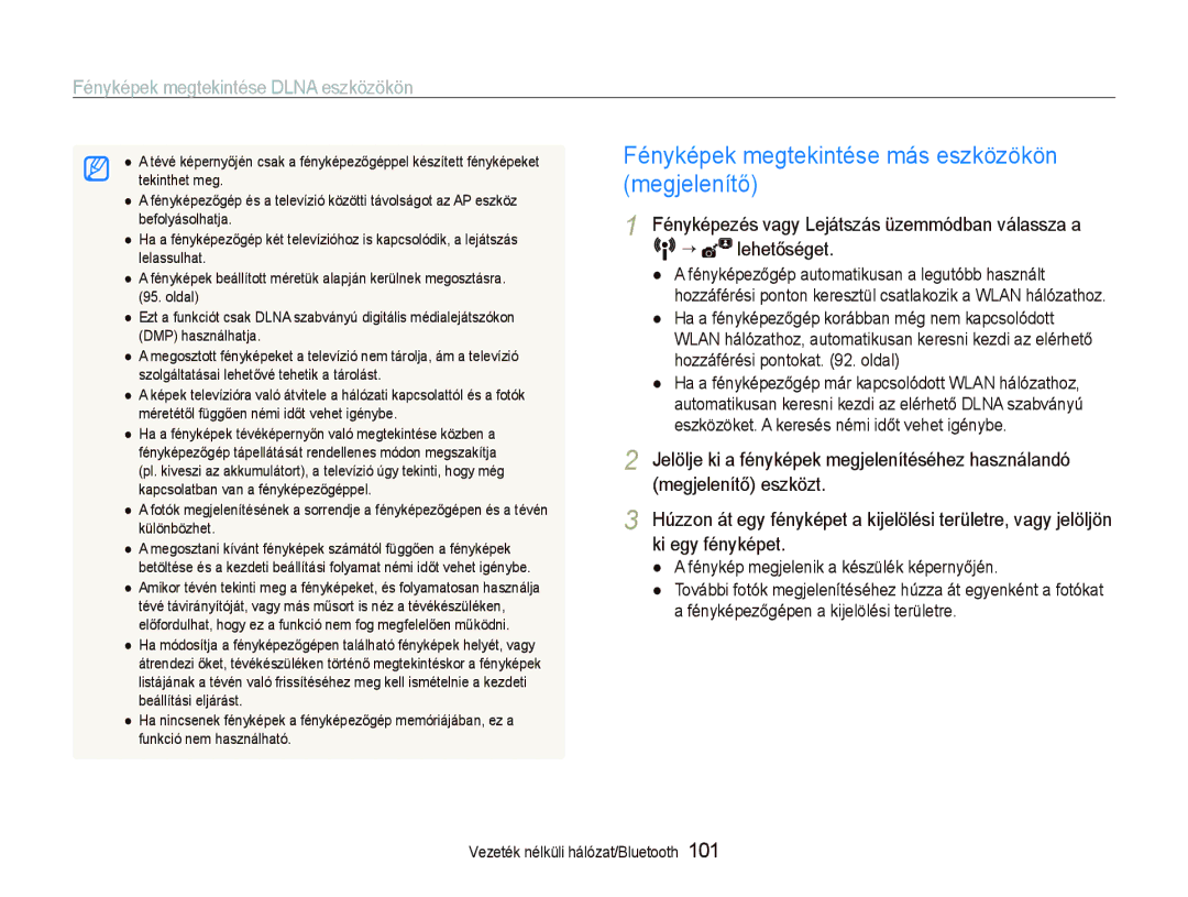 Samsung EC-ST1000BPBE3 manual Fényképek megtekintése más eszközökön, Megjelenítő, Fényképek megtekintése Dlna eszközökön 