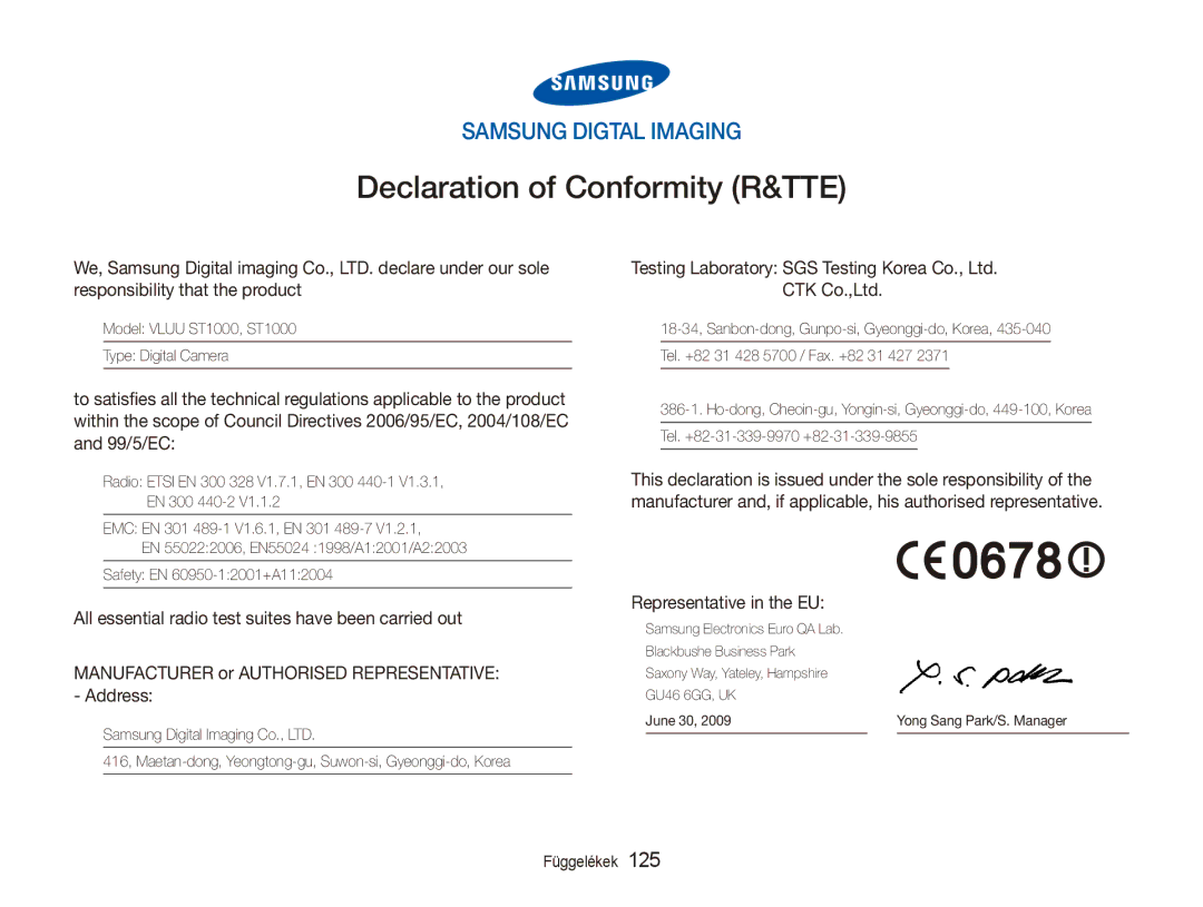 Samsung EC-ST1000BPRE2, EC-ST1000BPBIT, EC-ST1000BPSE3 manual Declaration of Conformity R&TTE, Representative in the EU 