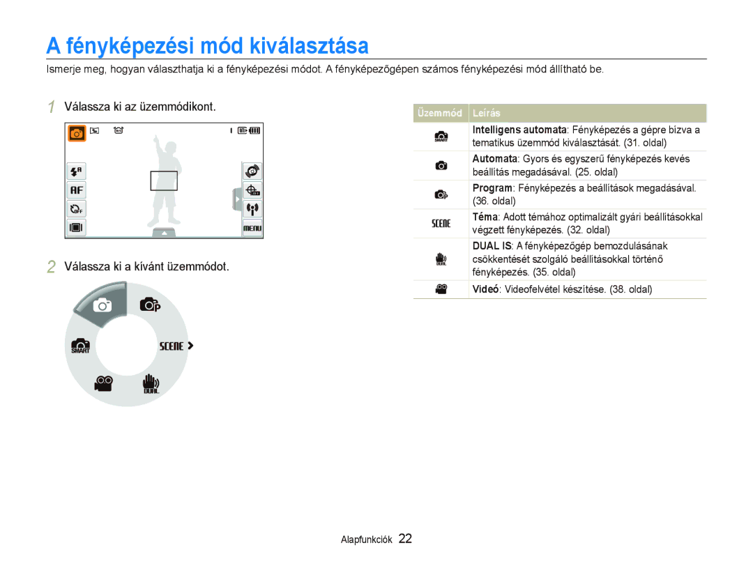 Samsung EC-ST1000BPUE3 manual Fényképezési mód kiválasztása, Válassza ki az üzemmódikont Válassza ki a kívánt üzemmódot 