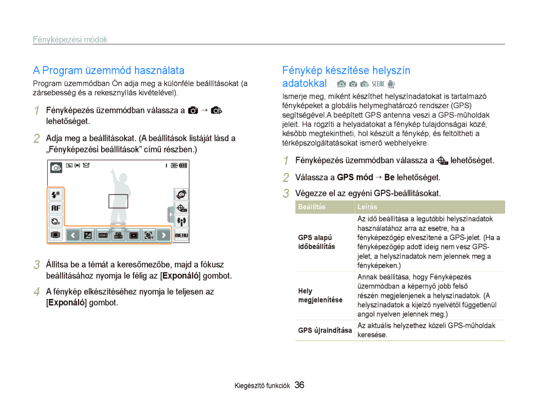 Samsung EC-ST1000BPBE2, EC-ST1000BPBIT manual Program üzemmód használata, Fénykép készítése helyszín adatokkal S a p s d 