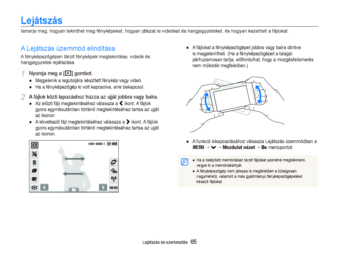 Samsung EC-ST1000BPRE2 manual Lejátszás üzemmód elindítása, Nyomja meg a P gombot, “ . ““Mozdulat nézet “ Be menüpontot 