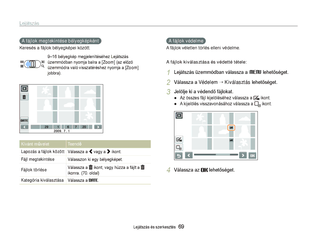 Samsung EC-ST1000BPBIT manual Fájlok megtekintése bélyegképként, Fájlok védelme, Fájlok kiválasztása és védetté tétele 