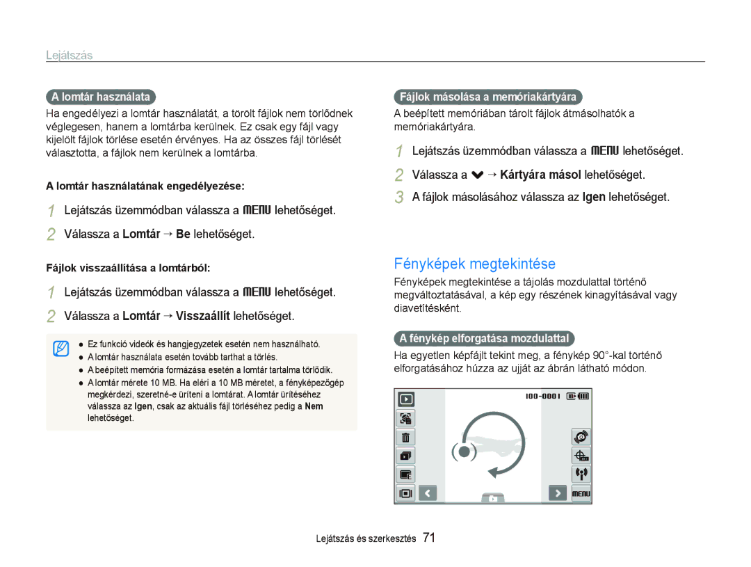 Samsung EC-ST1000BPBE3 manual Fényképek megtekintése, Válassza a . ““Kártyára másol lehetőséget, Lomtár használata 