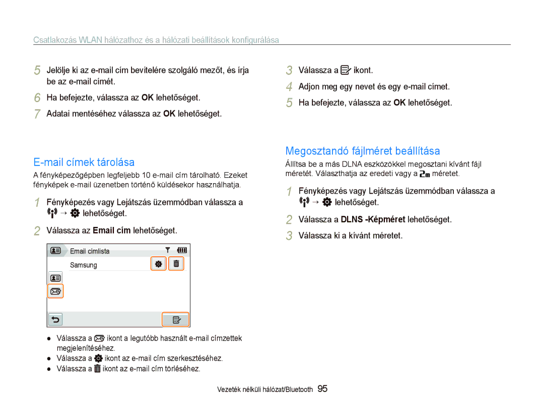 Samsung EC-ST1000BPRE2, EC-ST1000BPBIT manual Mail címek tárolása, Megosztandó fájlméret beállítása, Be az e-mail címét 