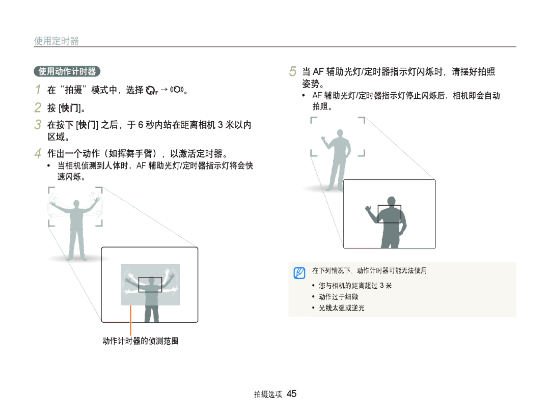 Samsung EC-ST1000BPRE2, EC-ST1000BPBIT, EC-ST1000BPSE3 在拍摄模式中，选择 “ 。 姿势。, 快门。, 区域。 作出一个动作（如挥舞手臂），以激活定时器。, 动作计时器的侦测范围 拍摄选项 