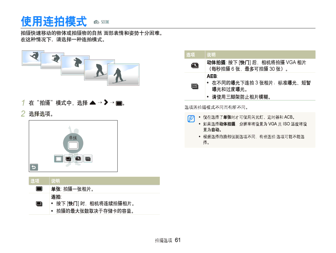 Samsung EC-ST1000BPBE3, EC-ST1000BPBIT, EC-ST1000BPSE3, EC-ST1000BPUE3 使用连拍模式 p s, 在拍摄模式中，选择 f “ “ 。 2 选择选项。, 请使用三脚架防止相片模糊。 