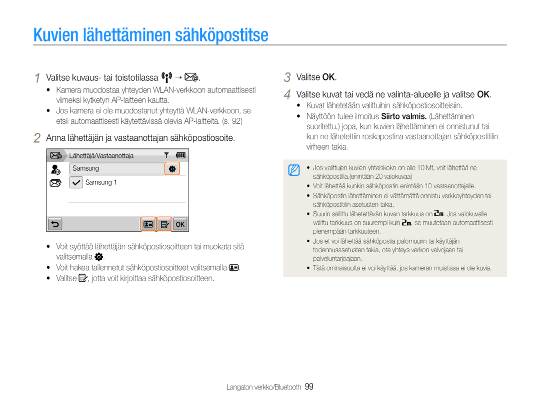 Samsung EC-ST1000BPRE2 manual Kuvien lähettäminen sähköpostitse, Anna lähettäjän ja vastaanottajan sähköpostiosoite 