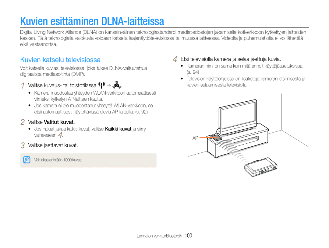 Samsung EC-ST1000BPBE2 manual Kuvien esittäminen DLNA-laitteissa, Kuvien katselu televisiossa, Valitse Valitut kuvat 