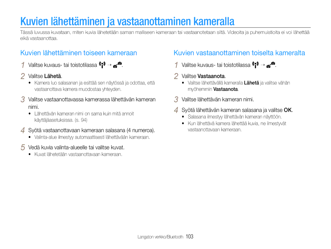 Samsung EC-ST1000BPUE2 manual Kuvien lähettäminen ja vastaanottaminen kameralla, Kuvien lähettäminen toiseen kameraan 