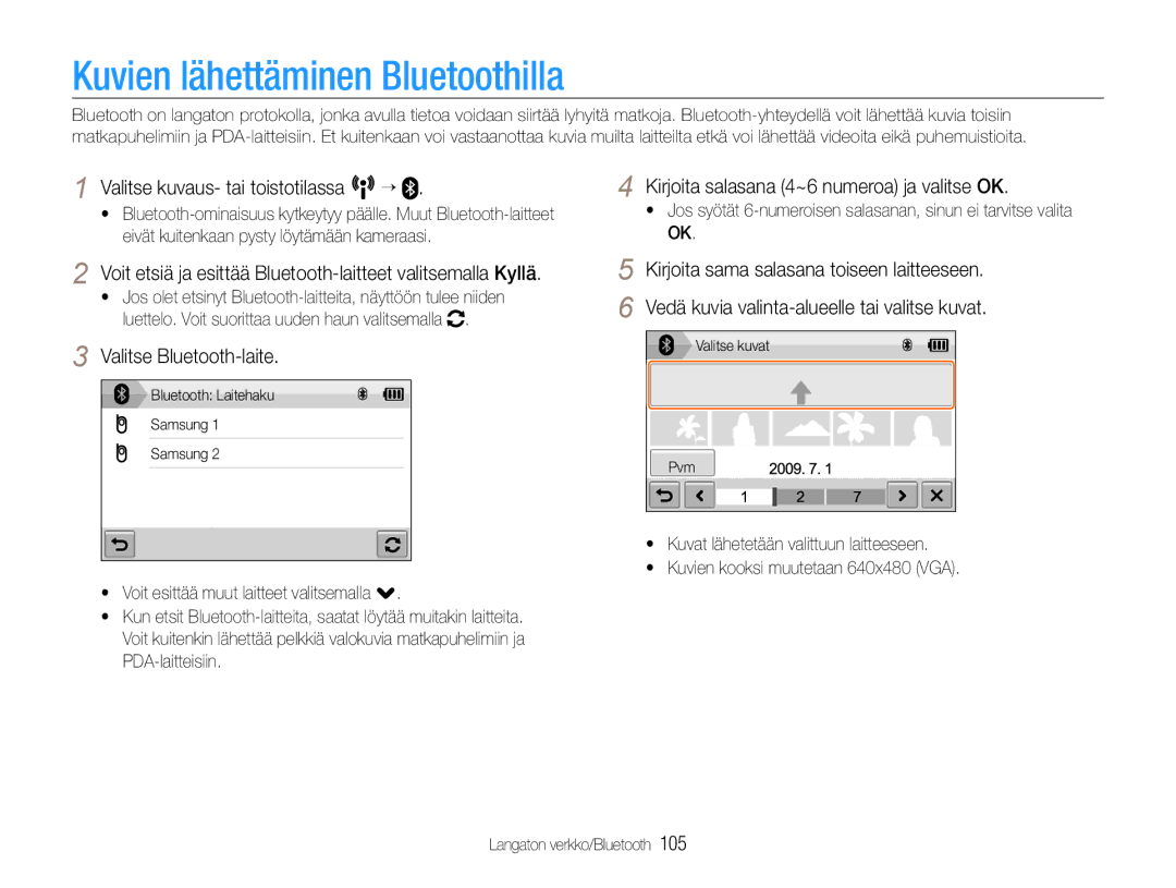 Samsung EC-ST1000BPBE2, EC-ST1000BPRE2 manual Kuvien lähettäminen Bluetoothilla, Kirjoita salasana 4~6 numeroa ja valitse OK 