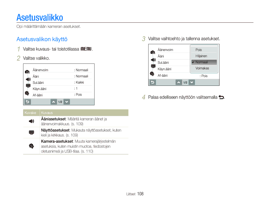 Samsung EC-ST1000BPUE2 manual Asetusvalikko, Asetusvalikon käyttö, Valitse kuvaus- tai toistotilassa M Valitse valikko 