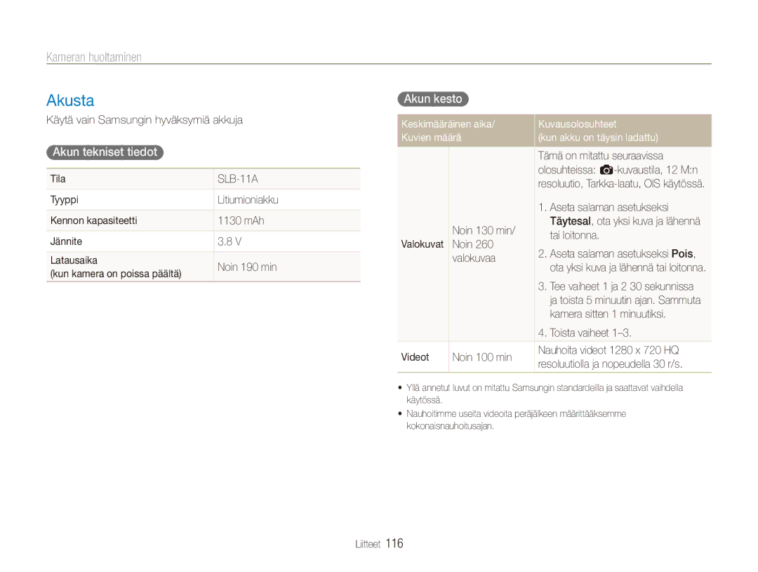 Samsung EC-ST1000BPGE2, EC-ST1000BPRE2, EC-ST1000BPBE2, EC-ST1000BPSE2 manual Akusta, Akun tekniset tiedot, Akun kesto 