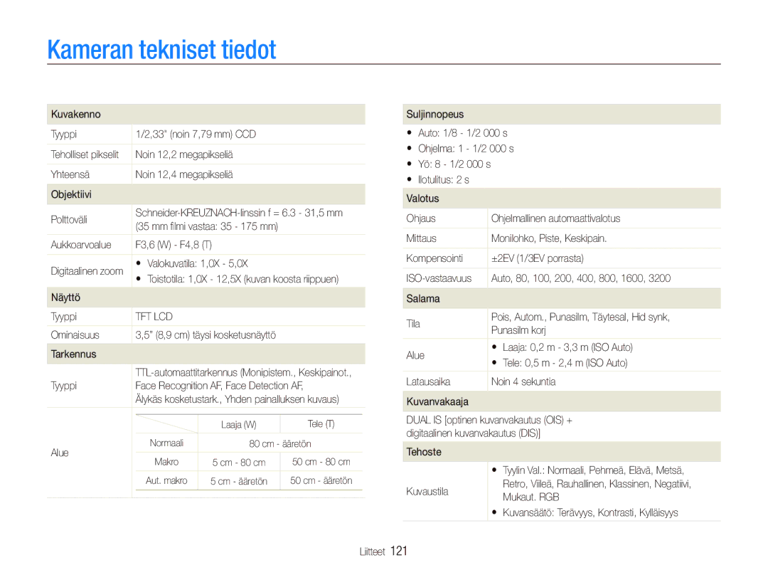 Samsung EC-ST1000BPGE2, EC-ST1000BPRE2, EC-ST1000BPBE2, EC-ST1000BPSE2, EC-ST1000BPUE2 manual Kameran tekniset tiedot 