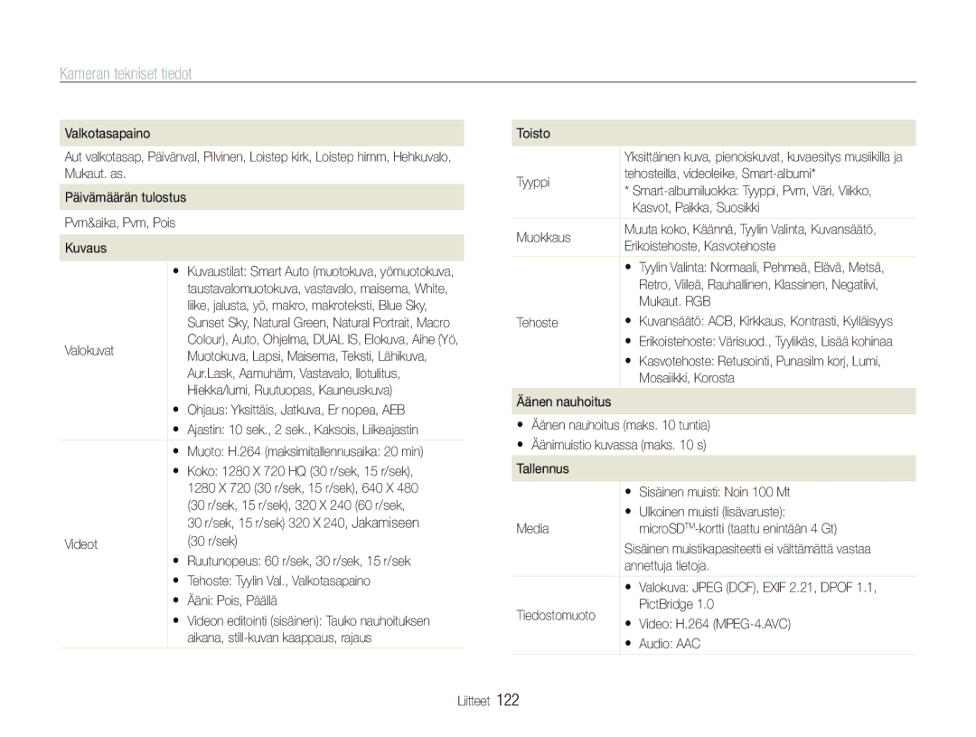 Samsung EC-ST1000BPSE2, EC-ST1000BPRE2, EC-ST1000BPBE2, EC-ST1000BPGE2, EC-ST1000BPUE2 manual Kameran tekniset tiedot 