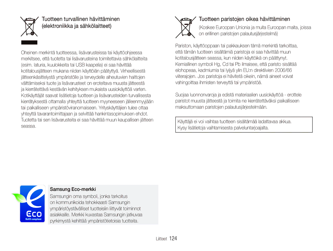 Samsung EC-ST1000BPRE2, EC-ST1000BPBE2, EC-ST1000BPGE2 manual Tuotteen paristojen oikea hävittäminen, Samsung Eco-merkki 