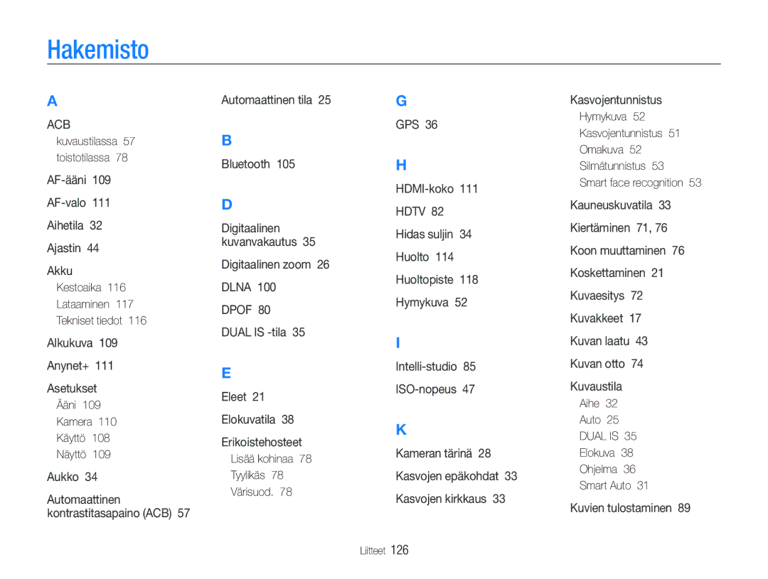 Samsung EC-ST1000BPGE2, EC-ST1000BPRE2, EC-ST1000BPBE2, EC-ST1000BPSE2, EC-ST1000BPUE2 manual Hakemisto 