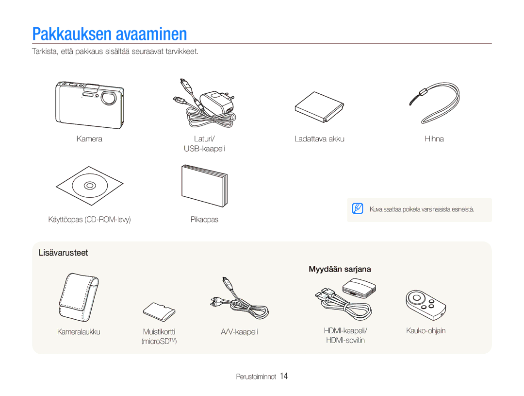 Samsung EC-ST1000BPRE2, EC-ST1000BPBE2, EC-ST1000BPGE2, EC-ST1000BPSE2, EC-ST1000BPUE2 Pakkauksen avaaminen, Lisävarusteet 