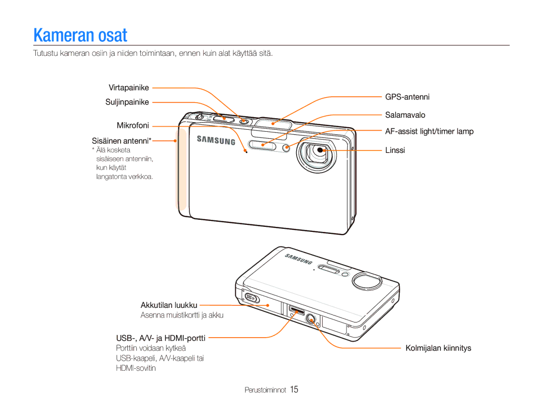 Samsung EC-ST1000BPBE2, EC-ST1000BPRE2, EC-ST1000BPGE2, EC-ST1000BPSE2, EC-ST1000BPUE2 manual Kameran osat 