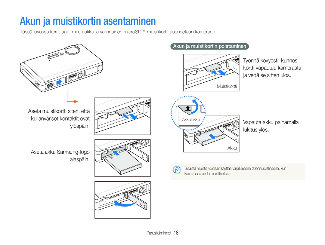 Samsung EC-ST1000BPUE2, EC-ST1000BPRE2 Akun ja muistikortin asentaminen, Lukitus ylös, Akun ja muistikortin poistaminen 