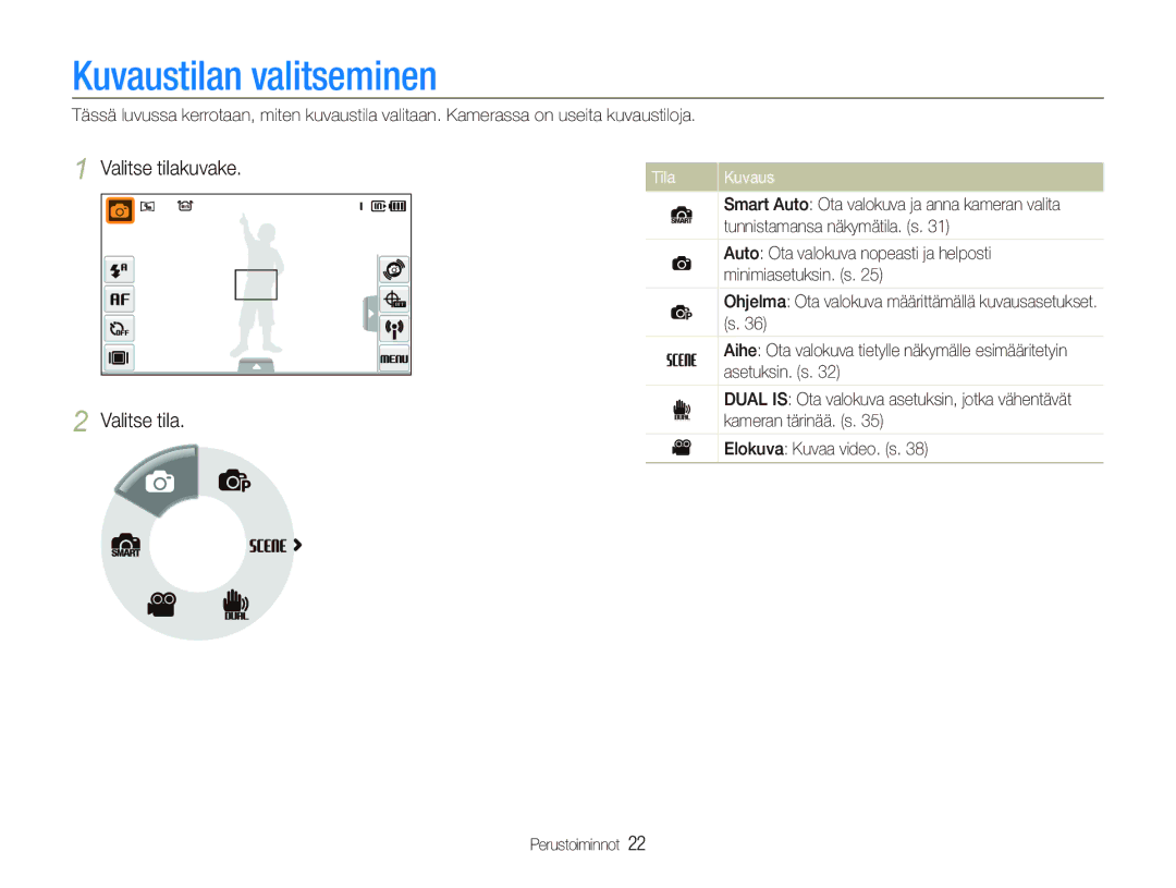 Samsung EC-ST1000BPSE2, EC-ST1000BPRE2, EC-ST1000BPBE2, EC-ST1000BPGE2 Kuvaustilan valitseminen, Valitse tilakuvake, Tila 