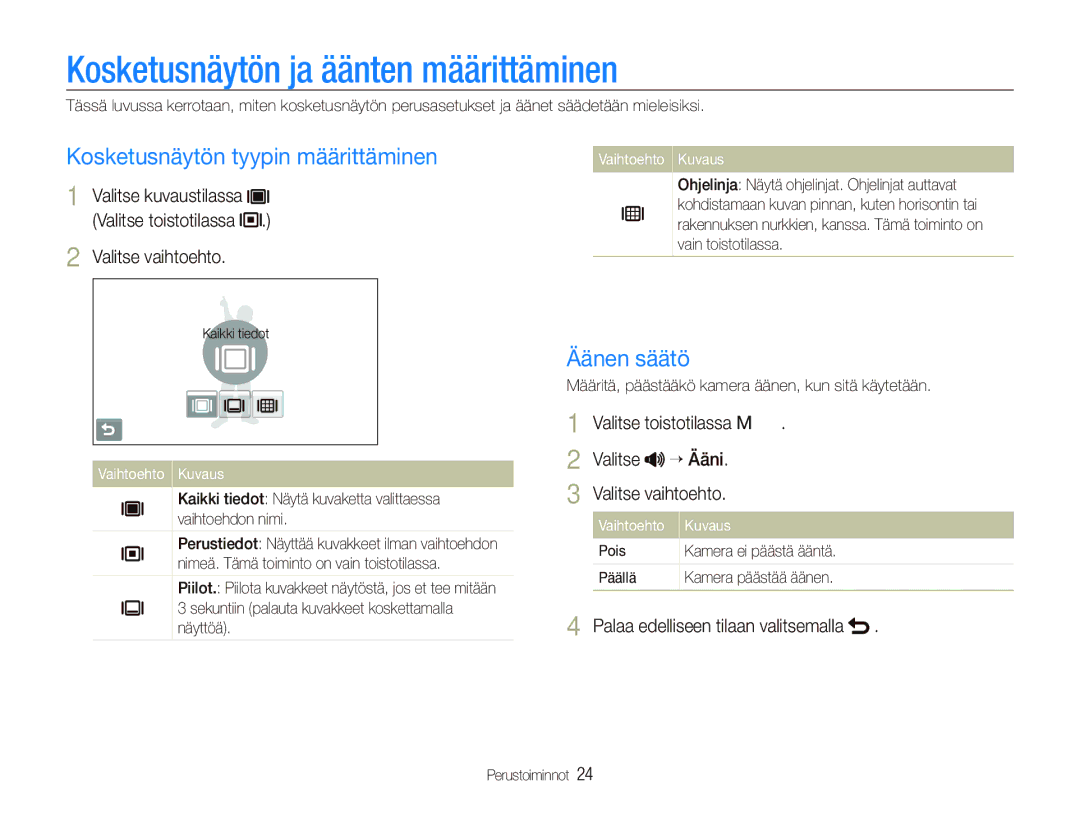 Samsung EC-ST1000BPRE2 manual Kosketusnäytön ja äänten määrittäminen, Kosketusnäytön tyypin määrittäminen, Äänen säätö 