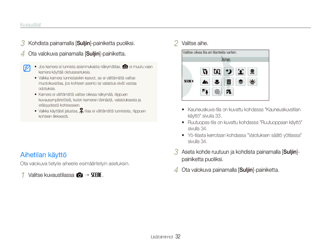 Samsung EC-ST1000BPSE2 manual Aihetilan käyttö, Kuvaustilat, Kohdista painamalla Suljin-painiketta puoliksi, Valitse aihe 