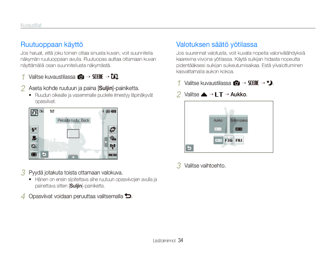 Samsung EC-ST1000BPRE2, EC-ST1000BPBE2, EC-ST1000BPGE2, EC-ST1000BPSE2 manual Ruutuoppaan käyttö, Valotuksen säätö yötilassa 