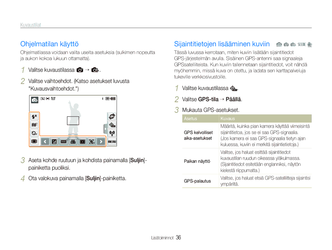 Samsung EC-ST1000BPGE2, EC-ST1000BPRE2 Ohjelmatilan käyttö, Sijaintitietojen lisääminen kuviin S a p s d, Asetus Kuvaus 