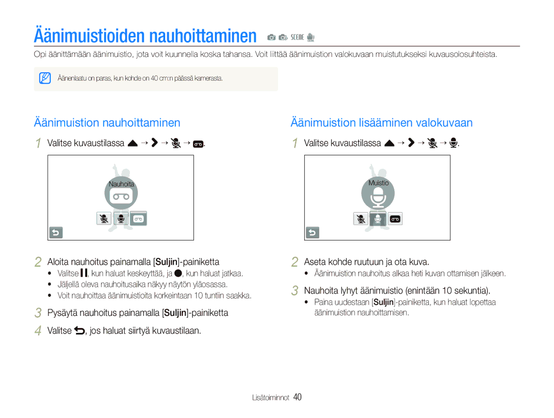 Samsung EC-ST1000BPBE2, EC-ST1000BPRE2, EC-ST1000BPGE2 Äänimuistioiden nauhoittaminen a p s d, Äänimuistion nauhoittaminen 