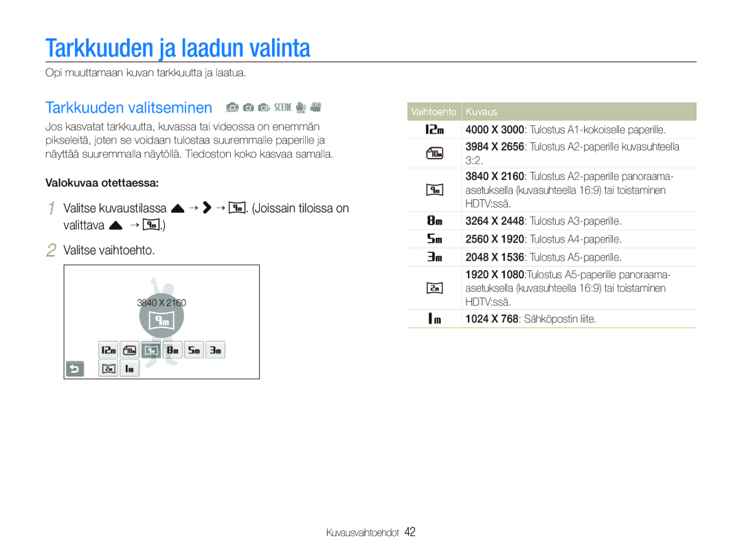 Samsung EC-ST1000BPSE2 manual Tarkkuuden ja laadun valinta, Tarkkuuden valitseminen S a p s d, Valokuvaa otettaessa 