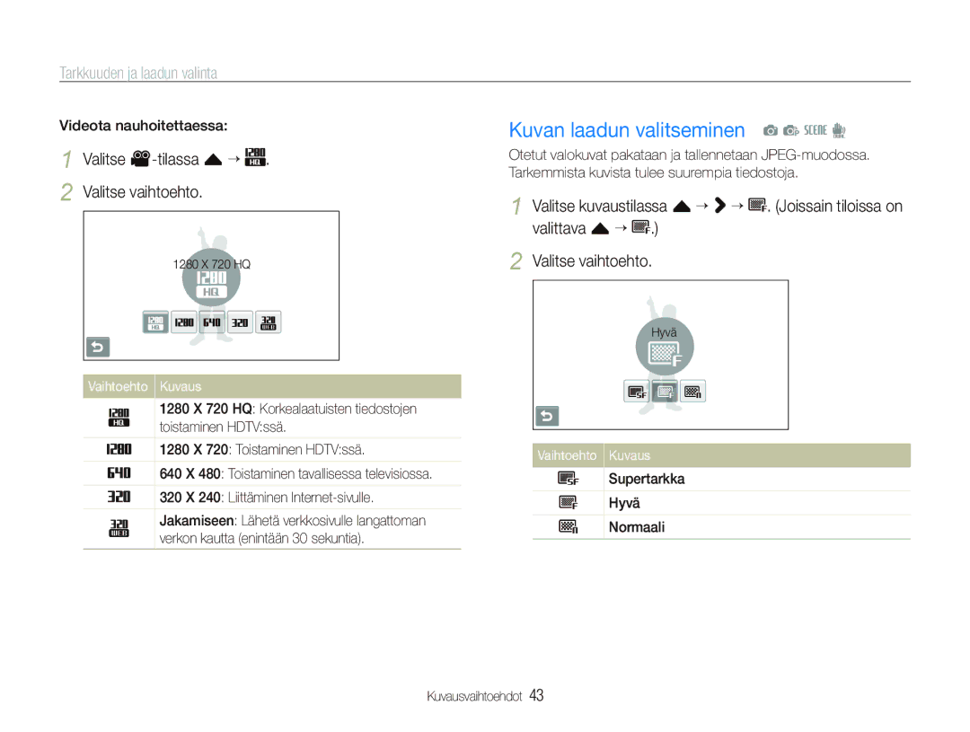 Samsung EC-ST1000BPUE2 manual Kuvan laadun valitseminen a p s d, Tarkkuuden ja laadun valinta, Videota nauhoitettaessa 