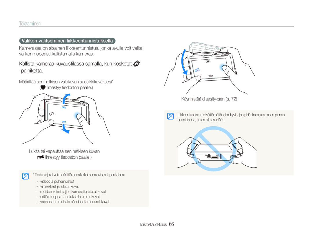 Samsung EC-ST1000BPGE2, EC-ST1000BPRE2 Toistaminen, Valikon valitseminen liikkeentunnistuksella, Käynnistää diaesityksen s 