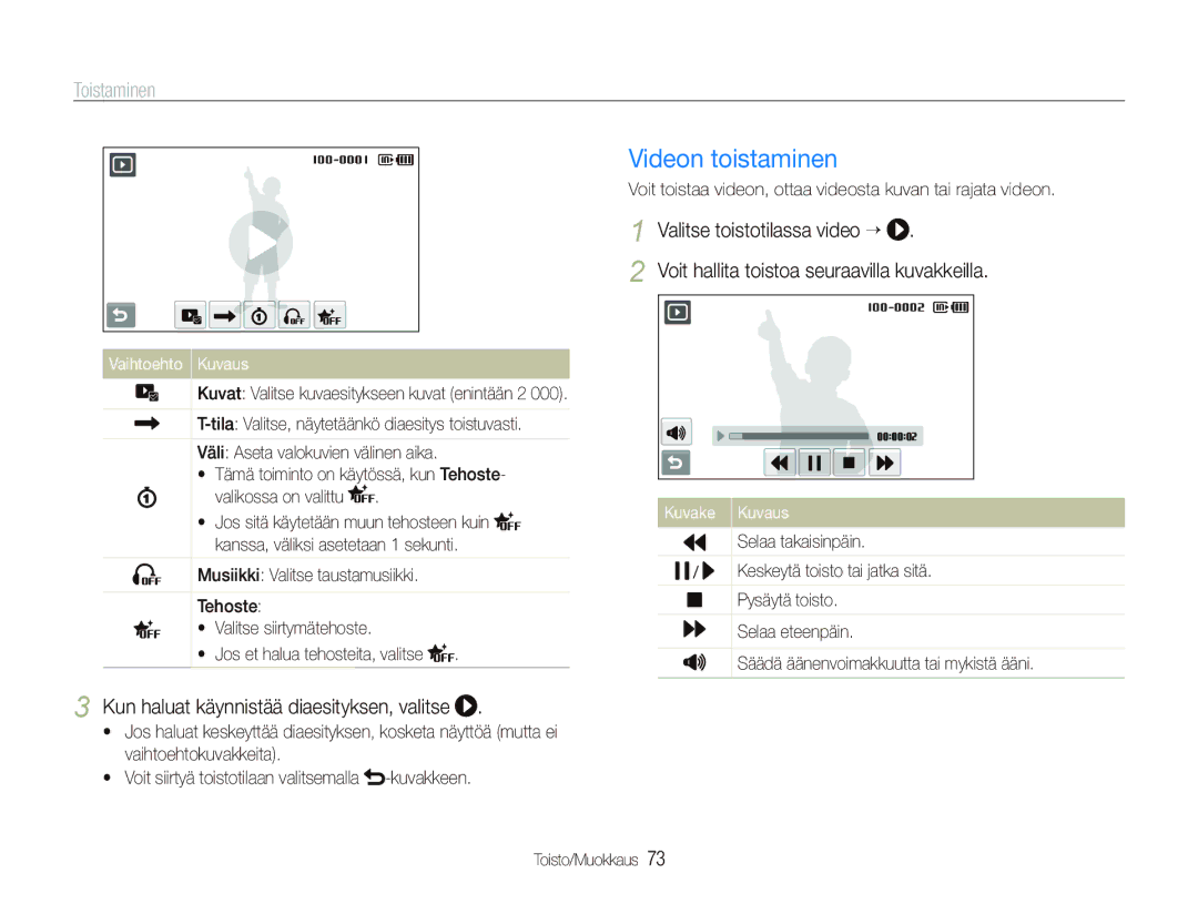 Samsung EC-ST1000BPUE2, EC-ST1000BPRE2 Videon toistaminen, Kun haluat käynnistää diaesityksen, valitse, Selaa takaisinpäin 