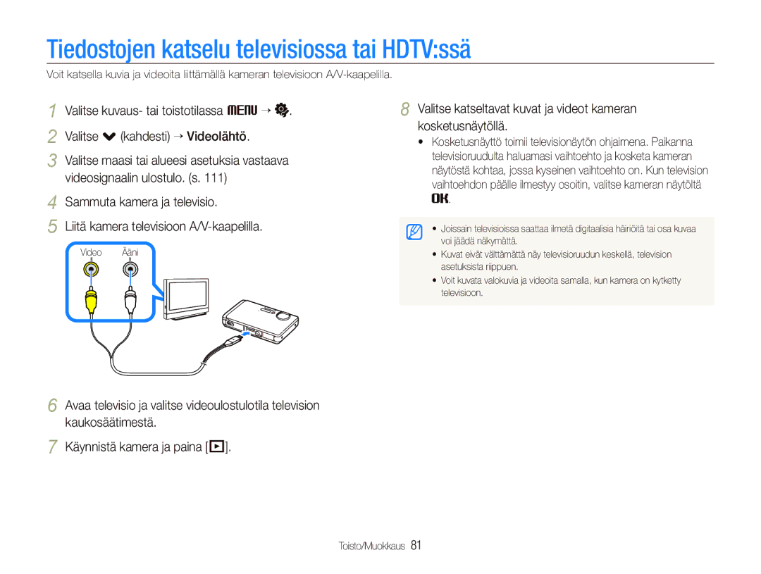 Samsung EC-ST1000BPGE2, EC-ST1000BPRE2, EC-ST1000BPBE2, EC-ST1000BPSE2 manual Tiedostojen katselu televisiossa tai HDTVssä 