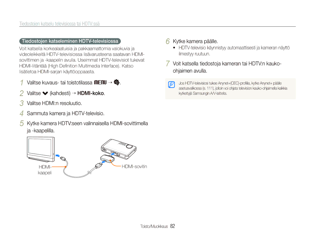 Samsung EC-ST1000BPSE2, EC-ST1000BPRE2, EC-ST1000BPBE2, EC-ST1000BPGE2 manual Tiedostojen katselu televisiossa tai HDTVssä 