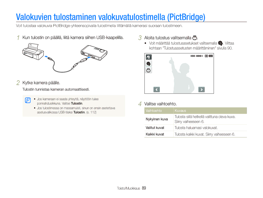 Samsung EC-ST1000BPRE2 manual Valokuvien tulostaminen valokuvatulostimella PictBridge, Aloita tulostus valitsemalla 