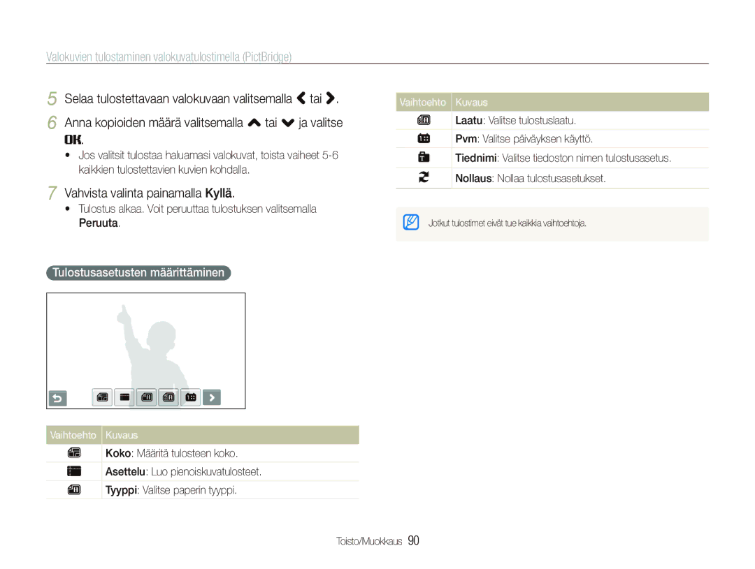 Samsung EC-ST1000BPBE2 manual Valokuvien tulostaminen valokuvatulostimella PictBridge, Vahvista valinta painamalla Kyllä 