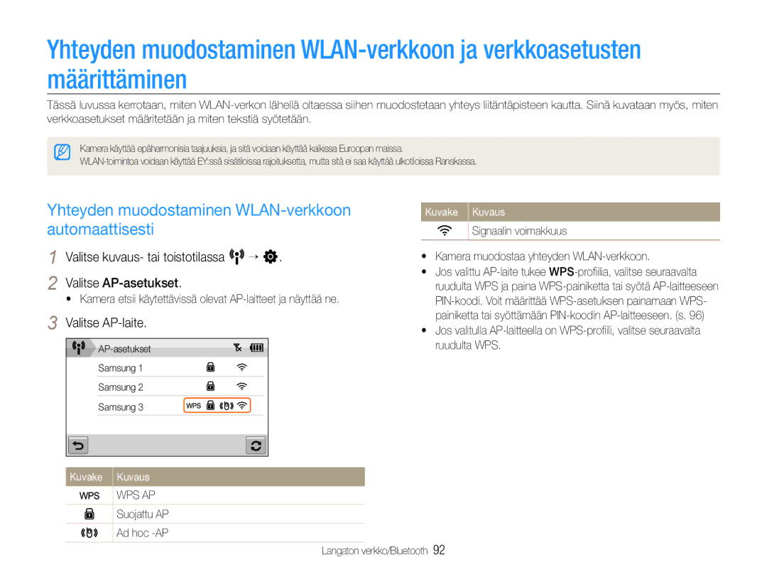 Samsung EC-ST1000BPSE2, EC-ST1000BPRE2 manual Yhteyden muodostaminen WLAN-verkkoon automaattisesti, Valitse AP-laite 