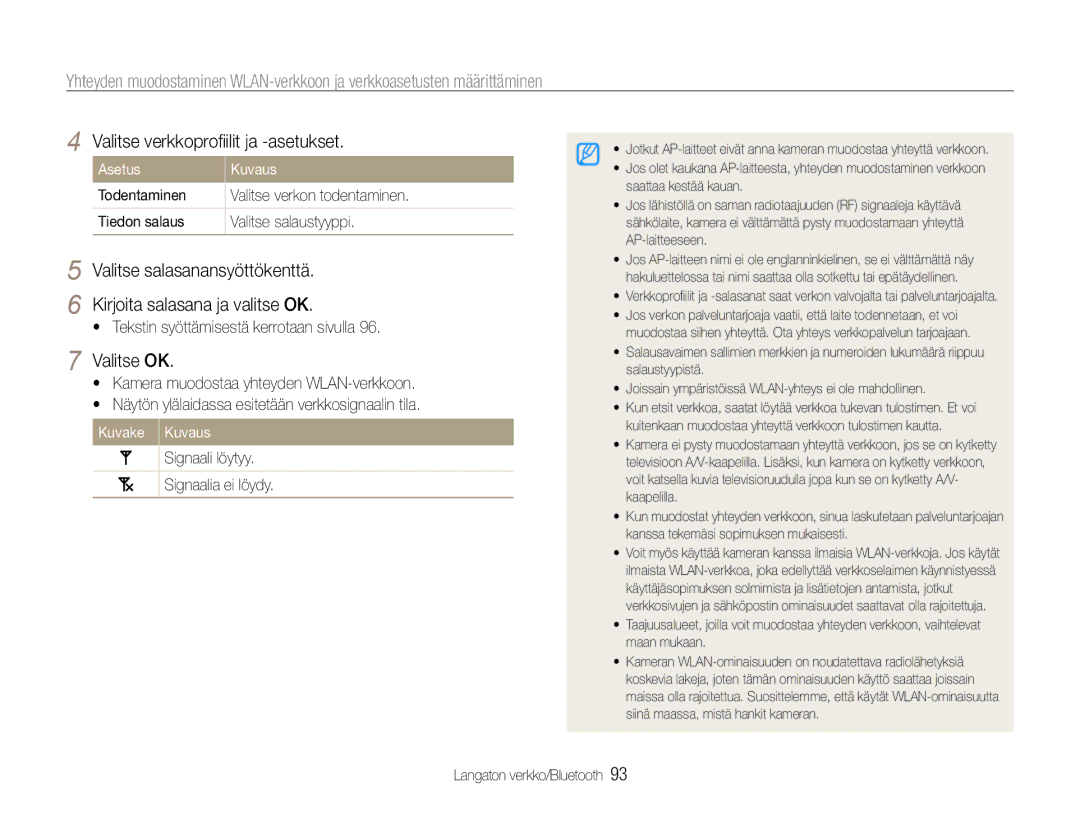 Samsung EC-ST1000BPUE2 manual Valitse verkkoproﬁilit ja -asetukset, Valitse OK,  Tekstin syöttämisestä kerrotaan sivulla 