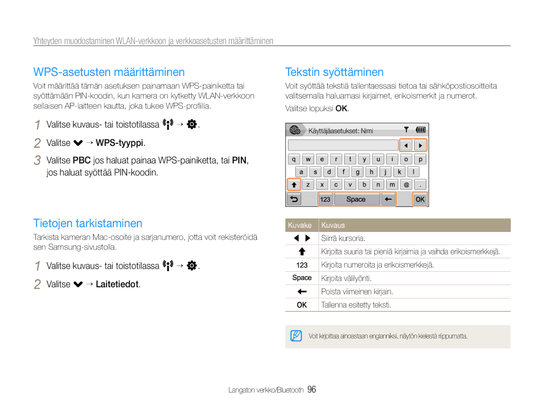 Samsung EC-ST1000BPGE2 manual WPS-asetusten määrittäminen, Tietojen tarkistaminen, Tekstin syöttäminen, Valitse lopuksi OK 