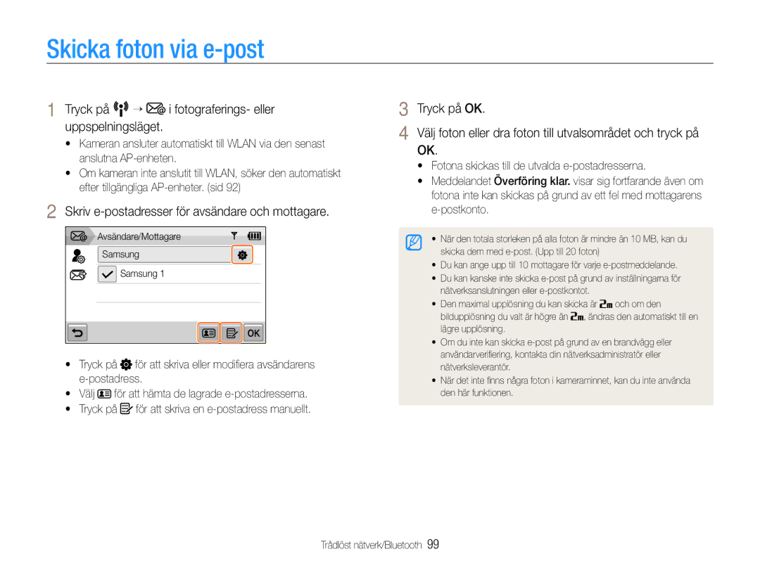 Samsung EC-ST1000BPRE2, EC-ST1000BPBE2 manual Skicka foton via e-post, Skriv e-postadresser för avsändare och mottagare 