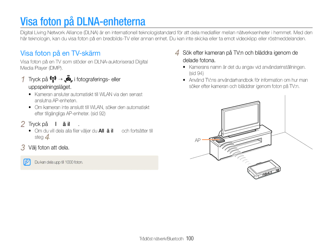 Samsung EC-ST1000BPBE2, EC-ST1000BPRE2 manual Visa foton på DLNA-enheterna, Visa foton på en TV-skärm, Tryck på Valda bilder 