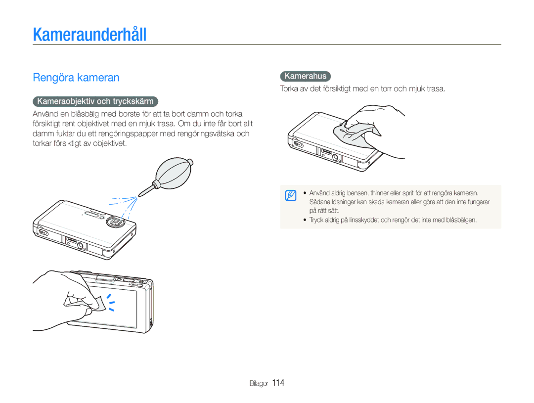 Samsung EC-ST1000BPRE2, EC-ST1000BPBE2 manual Kameraunderhåll, Rengöra kameran, Kameraobjektiv och tryckskärm, Kamerahus 