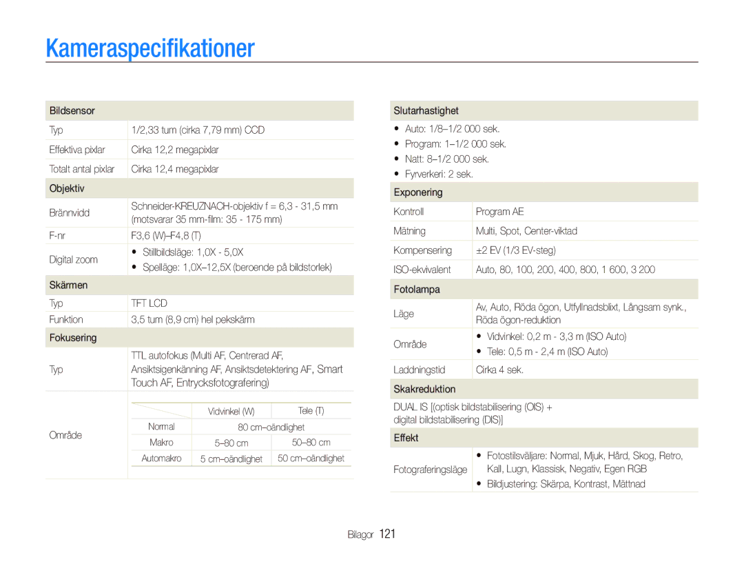 Samsung EC-ST1000BPGE2, EC-ST1000BPRE2, EC-ST1000BPBE2, EC-ST1000BPSE2, EC-ST1000BPUE2 manual Kameraspeciﬁkationer 