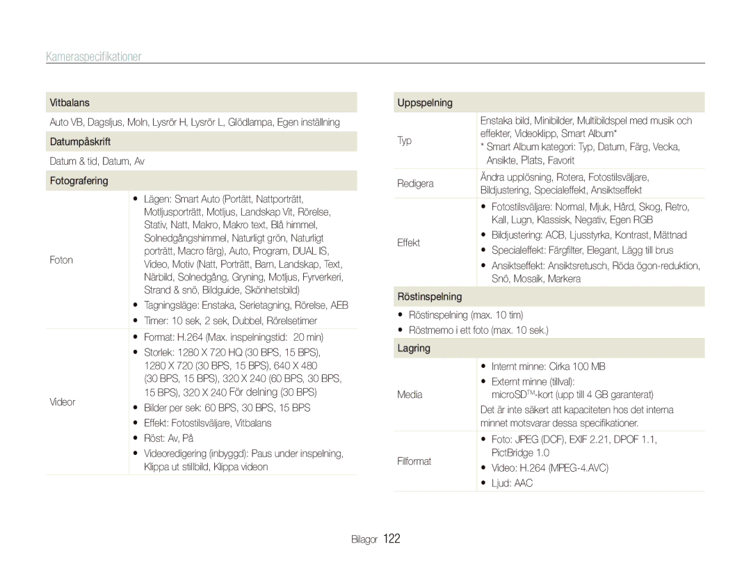 Samsung EC-ST1000BPSE2, EC-ST1000BPRE2, EC-ST1000BPBE2, EC-ST1000BPGE2, EC-ST1000BPUE2 manual Kameraspeciﬁkationer 