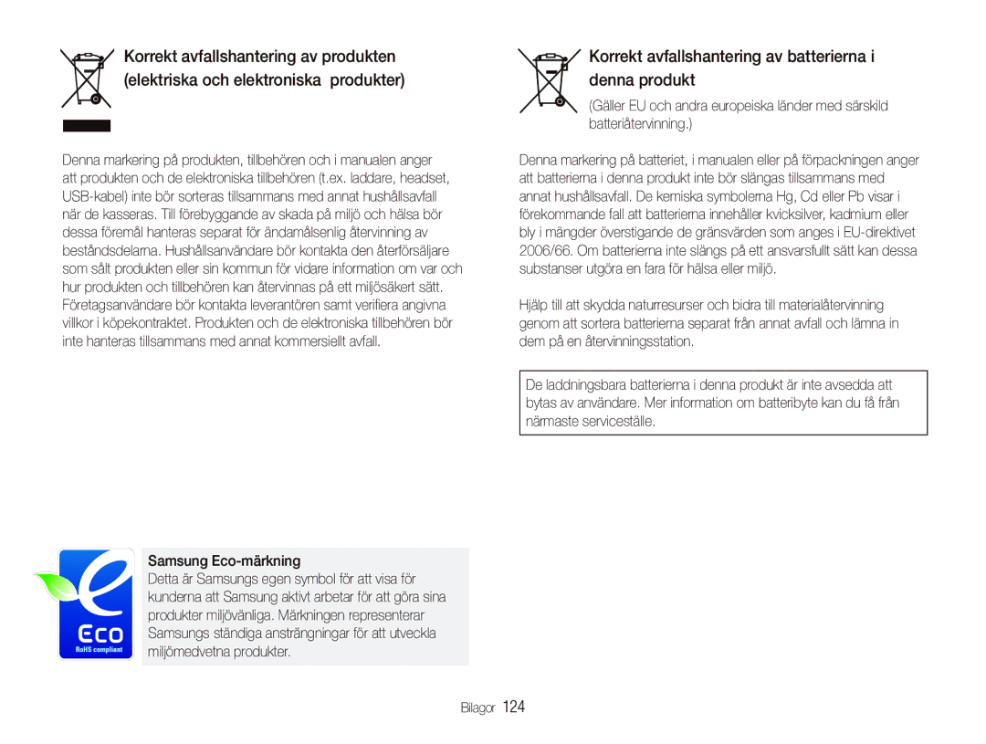 Samsung EC-ST1000BPRE2, EC-ST1000BPBE2 manual Korrekt avfallshantering av batterierna i denna produkt, Samsung Eco-märkning 