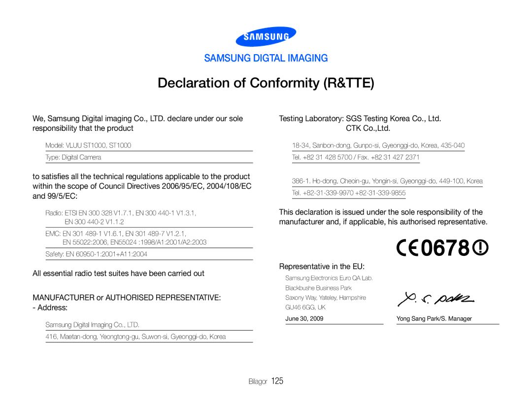 Samsung EC-ST1000BPBE2, EC-ST1000BPRE2, EC-ST1000BPGE2 manual Declaration of Conformity R&TTE, Representative in the EU 