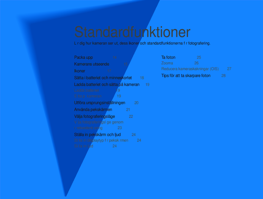 Samsung EC-ST1000BPUE2, EC-ST1000BPRE2, EC-ST1000BPBE2 manual Standardfunktioner, Sätta i batteriet och minneskortet ………… 